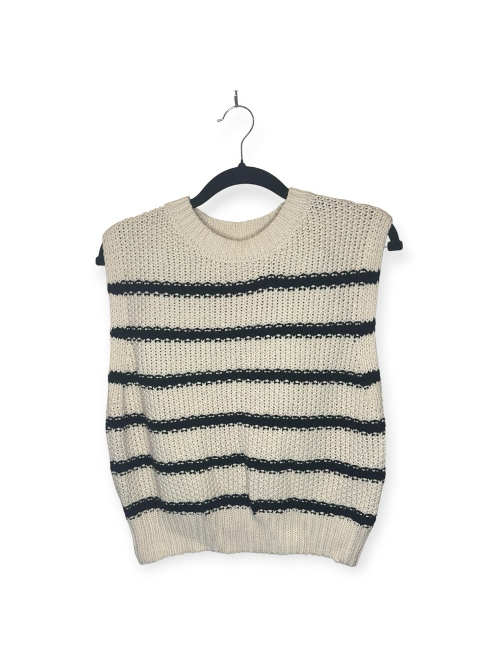 Moon & madison Cream Knit Crewneck Sleeveless Sweater with Black Stripes Womens